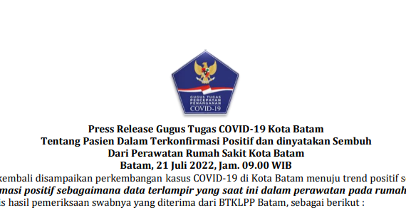 Press Release Gugus Tugas COVID-19 Kota Batam Tentang Pasien Dalam Terkonfirmasi Positif dan dinyatakan Sembuh Dari Perawatan Rumah Sakit Kota Batam Batam, 21 Juli 2022, Jam. 09.00 WIB