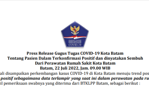 Press Release Gugus Tugas COVID-19 Kota Batam Tentang Pasien Dalam Terkonfirmasi Positif dan dinyatakan Sembuh Dari Perawatan Rumah Sakit Kota Batam Batam, 22 Juli 2022, Jam. 09.00 WIB