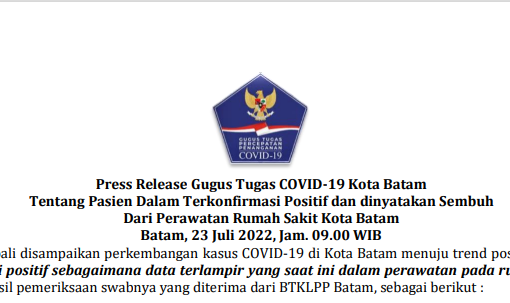 Press Release Gugus Tugas COVID-19 Kota Batam Tentang Pasien Dalam Terkonfirmasi Positif dan dinyatakan Sembuh Dari Perawatan Rumah Sakit Kota Batam Batam, 23 Juli 2022, Jam. 09.00 WIB