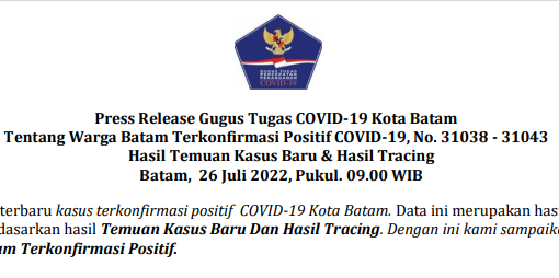 Press Release Gugus Tugas COVID-19 Kota Batam Tentang Warga Batam Terkonfirmasi Positif COVID-19, No. 31038 - 31043 Hasil Temuan Kasus Baru & Hasil Tracing Batam, 26 Juli 2022, Pukul. 09.00 WIB