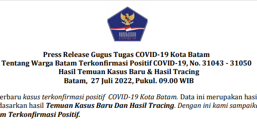 Press Release Gugus Tugas COVID-19 Kota Batam Tentang Warga Batam Terkonfirmasi Positif COVID-19, No. 31043 - 31050 Hasil Temuan Kasus Baru & Hasil Tracing Batam, 27 Juli 2022, Pukul. 09.00 WIB