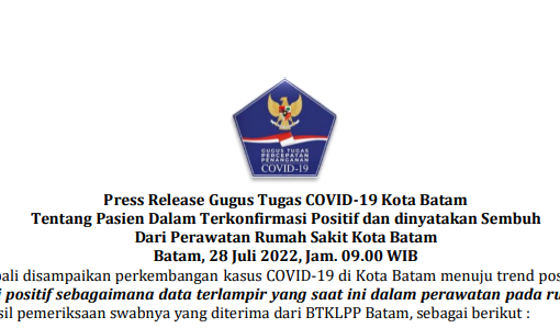 Press Release Gugus Tugas COVID-19 Kota Batam Tentang Pasien Dalam Terkonfirmasi Positif dan dinyatakan Sembuh Dari Perawatan Rumah Sakit Kota Batam Batam, 28 Juli 2022, Jam. 09.00 WIB