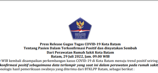 Press Release Gugus Tugas COVID-19 Kota Batam Tentang Pasien Dalam Terkonfirmasi Positif dan dinyatakan Sembuh Dari Perawatan Rumah Sakit Kota Batam Batam, 29 Juli 2022, Jam. 09.00 WIB