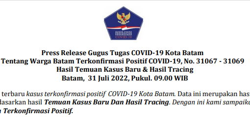 Press Release Gugus Tugas COVID-19 Kota Batam Tentang Warga Batam Terkonfirmasi Positif COVID-19, No. 31067 - 31069 Hasil Temuan Kasus Baru & Hasil Tracing Batam, 31 Juli 2022, Pukul. 09.00 WIB