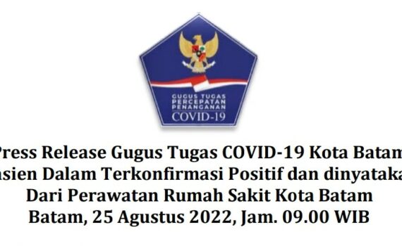 Press Release Gugus Tugas COVID-19 Kota Batam Tentang Pasien Dalam Terkonfirmasi Positif dan dinyatakan Sembuh Dari Perawatan Rumah Sakit Kota Batam Batam, 25 Agustus 2022, Jam. 09.00 WIB