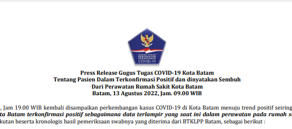 Press Release Gugus Tugas COVID-19 Kota Batam Tentang Pasien Dalam Terkonfirmasi Positif dan dinyatakan Sembuh Dari Perawatan Rumah Sakit Kota Batam Batam, 13 Agustus 2022, Jam. 09.00 WIB