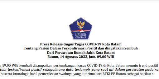 Press Release Gugus Tugas COVID-19 Kota Batam Tentang Pasien Dalam Terkonfirmasi Positif dan dinyatakan Sembuh Dari Perawatan Rumah Sakit Kota Batam Batam, 14 Agustus 2022, Jam. 09.00 WIB