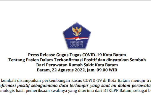 Press Release Gugus Tugas COVID-19 Kota Batam Tentang Pasien Dalam Terkonfirmasi Positif dan dinyatakan Sembuh Dari Perawatan Rumah Sakit Kota Batam Batam, 22 Agustus 2022, Jam. 09.00 WIB
