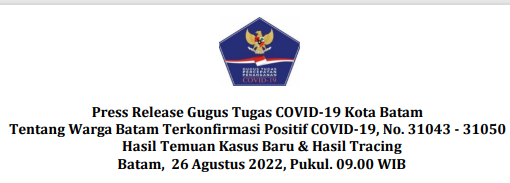 Press Release Gugus Tugas COVID-19 Kota Batam Tentang Warga Batam Terkonfirmasi Positif COVID-19, No. 31043 - 31050 Hasil Temuan Kasus Baru & Hasil Tracing Batam, 26 Agustus 2022, Pukul. 09.00 WIB