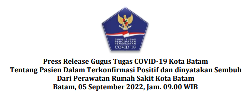 Press Release Gugus Tugas COVID-19 Kota Batam Tentang Pasien Dalam Terkonfirmasi Positif dan dinyatakan Sembuh Dari Perawatan Rumah Sakit Kota Batam Batam, 05 September 2022, Jam. 09.00 WIB