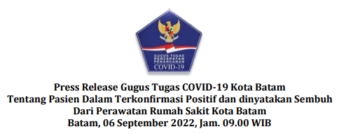 Press Release Gugus Tugas COVID-19 Kota Batam Tentang Pasien Dalam Terkonfirmasi Positif dan dinyatakan Sembuh Dari Perawatan Rumah Sakit Kota Batam Batam, 06 September 2022, Jam. 09.00 WIB