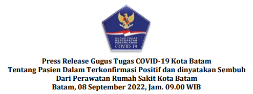 Press Release Gugus Tugas COVID-19 Kota Batam Tentang Pasien Dalam Terkonfirmasi Positif dan dinyatakan Sembuh Dari Perawatan Rumah Sakit Kota Batam Batam, 08 September 2022, Jam. 09.00 WIB