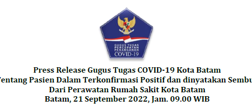Press Release Gugus Tugas COVID-19 Kota Batam Tentang Pasien Dalam Terkonfirmasi Positif dan dinyatakan Sembuh Dari Perawatan Rumah Sakit Kota Batam Batam, 21 September 2022, Jam. 09.00 WIB