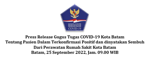 Press Release Gugus Tugas COVID-19 Kota Batam Tentang Pasien Dalam Terkonfirmasi Positif dan dinyatakan Sembuh Dari Perawatan Rumah Sakit Kota Batam Batam, 25 September 2022, Jam. 09.00 WIB