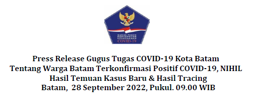 Press Release Gugus Tugas COVID-19 Kota Batam Tentang Warga Batam Terkonfirmasi Positif COVID-19, NIHIL Hasil Temuan Kasus Baru & Hasil Tracing Batam, 28 September 2022, Pukul. 09.00 WIB