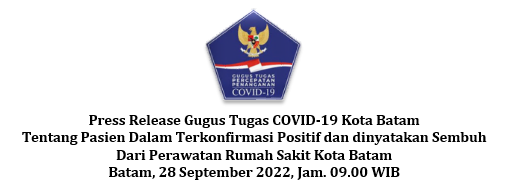 Press Release Gugus Tugas COVID-19 Kota Batam Tentang Pasien Dalam Terkonfirmasi Positif dan dinyatakan Sembuh Dari Perawatan Rumah Sakit Kota Batam Batam, 28 September 2022, Jam. 09.00 WIB
