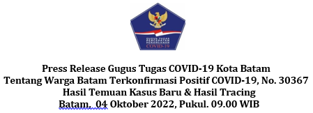 Press Release Gugus Tugas COVID-19 Kota Batam Tentang Warga Batam Terkonfirmasi Positif COVID-19, No. 30367 Hasil Temuan Kasus Baru & Hasil Tracing Batam, 04 Oktober 2022, Pukul. 09.00 WIB