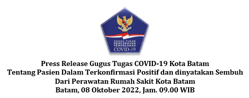 Press Release Gugus Tugas COVID-19 Kota Batam Tentang Pasien Dalam Terkonfirmasi Positif dan dinyatakan Sembuh Dari Perawatan Rumah Sakit Kota Batam Batam, 08 Oktober 2022, Jam. 09.00 WIB