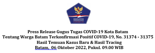 Press Release Gugus Tugas COVID-19 Kota Batam Tentang Warga Batam Terkonfirmasi Positif COVID-19, No. 31374 - 31375 Hasil Temuan Kasus Baru & Hasil Tracing Batam, 06 Oktober 2022, Pukul. 09.00 WIB