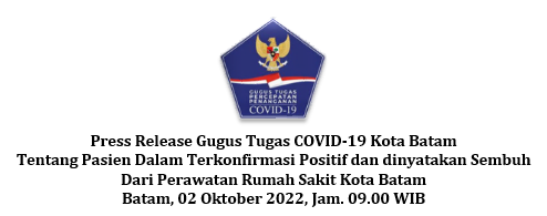 Press Release Gugus Tugas COVID-19 Kota Batam Tentang Pasien Dalam Terkonfirmasi Positif dan dinyatakan Sembuh Dari Perawatan Rumah Sakit Kota Batam Batam, 02 Oktober 2022, Jam. 09.00 WIB
