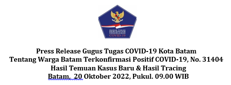 Press Release Gugus Tugas COVID-19 Kota Batam Tentang Warga Batam Terkonfirmasi Positif COVID-19, No. 31404 Hasil Temuan Kasus Baru & Hasil Tracing Batam, 20 Oktober 2022, Pukul. 09.00 WIB