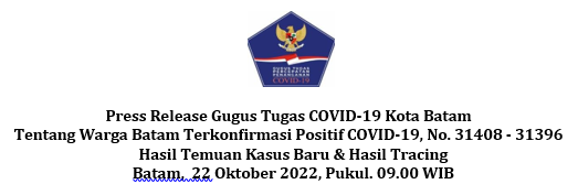 Press Release Gugus Tugas COVID-19 Kota Batam Tentang Warga Batam Terkonfirmasi Positif COVID-19, No. 31408 - 31396 Hasil Temuan Kasus Baru & Hasil Tracing Batam, 22 Oktober 2022, Pukul. 09.00 WIB