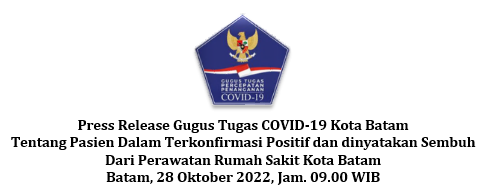 Press Release Gugus Tugas COVID-19 Kota Batam Tentang Pasien Dalam Terkonfirmasi Positif dan dinyatakan Sembuh Dari Perawatan Rumah Sakit Kota Batam Batam, 28 Oktober 2022, Jam. 09.00 WIB