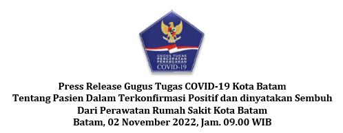 Press Release Gugus Tugas COVID-19 Kota Batam Tentang Pasien Dalam Terkonfirmasi Positif dan dinyatakan Sembuh Dari Perawatan Rumah Sakit Kota Batam Batam, 02 November 2022, Jam. 09.00 WIB