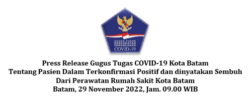 Press Release Gugus Tugas COVID-19 Kota Batam Tentang Pasien Dalam Terkonfirmasi Positif dan dinyatakan Sembuh Dari Perawatan Rumah Sakit Kota Batam Batam, 29 November 2022, Jam. 09.00 WIB