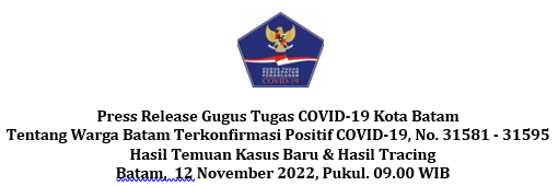 Press Release Gugus Tugas COVID-19 Kota Batam Tentang Warga Batam Terkonfirmasi Positif COVID-19, No. 31581 - 31595 Hasil Temuan Kasus Baru & Hasil Tracing Batam, 12 November 2022, Pukul. 09.00 WIB