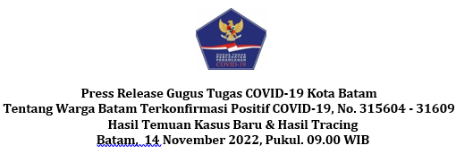 Press Release Gugus Tugas COVID-19 Kota Batam Tentang Warga Batam Terkonfirmasi Positif COVID-19, No. 315604 - 31609 Hasil Temuan Kasus Baru & Hasil Tracing Batam, 14 November 2022, Pukul. 09.00 WIB