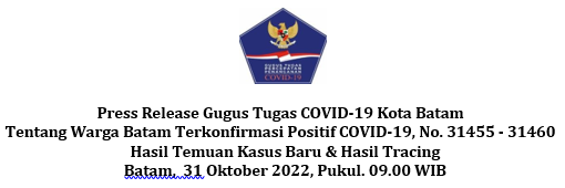 Press Release Gugus Tugas COVID-19 Kota Batam Tentang Warga Batam Terkonfirmasi Positif COVID-19, No. 31455 - 31460 Hasil Temuan Kasus Baru & Hasil Tracing Batam, 31 Oktober 2022, Pukul. 09.00 WIB