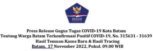 Press Release Gugus Tugas COVID-19 Kota Batam Tentang Warga Batam Terkonfirmasi Positif COVID-19, No. 315631 - 31639 Hasil Temuan Kasus Baru & Hasil Tracing Batam, 17 November 2022, Pukul. 09.00 WIB