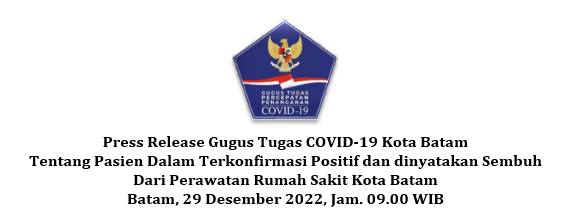 Press Release Gugus Tugas COVID-19 Kota Batam Tentang Pasien Dalam Terkonfirmasi Positif dan dinyatakan Sembuh Dari Perawatan Rumah Sakit Kota Batam Batam, 29 Desember 2022, Jam. 09.00 WIB