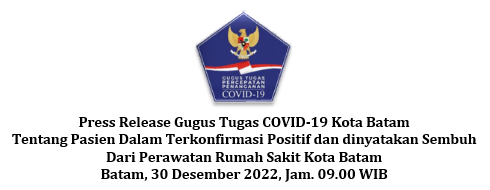 Press Release Gugus Tugas COVID-19 Kota Batam Tentang Pasien Dalam Terkonfirmasi Positif dan dinyatakan Sembuh Dari Perawatan Rumah Sakit Kota Batam Batam, 30 Desember 2022, Jam. 09.00 WIB