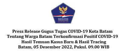 Press Release Gugus Tugas COVID-19 Kota Batam Tentang Warga Batam Terkonfirmasi Positif COVID-19 Hasil Temuan Kasus Baru & Hasil Tracing Batam, 05 Desember 2022, Pukul. 09.00 WIB