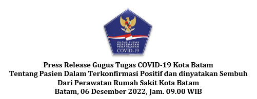 Press Release Gugus Tugas COVID-19 Kota Batam Tentang Pasien Dalam Terkonfirmasi Positif dan dinyatakan Sembuh Dari Perawatan Rumah Sakit Kota Batam Batam, 06 Desember 2022, Jam. 09.00 WIB