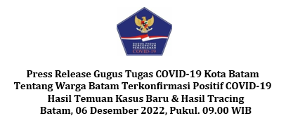 Press Release Gugus Tugas COVID-19 Kota Batam Tentang Warga Batam Terkonfirmasi Positif COVID-19 Hasil Temuan Kasus Baru & Hasil Tracing Batam, 06 Desember 2022, Pukul. 09.00 WIB