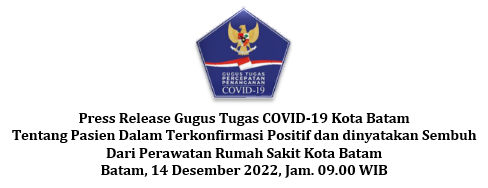 Press Release Gugus Tugas COVID-19 Kota Batam Tentang Pasien Dalam Terkonfirmasi Positif dan dinyatakan Sembuh Dari Perawatan Rumah Sakit Kota Batam Batam, 14 Desember 2022, Jam. 09.00 WIB