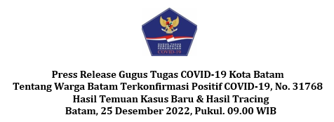 Press Release Gugus Tugas COVID-19 Kota Batam Tentang Warga Batam Terkonfirmasi Positif COVID-19, No. 31768 Hasil Temuan Kasus Baru & Hasil Tracing Batam, 25 Desember 2022, Pukul. 09.00 WIB
