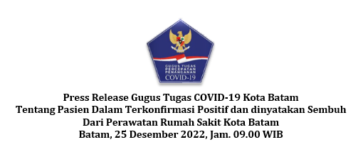 Press Release Gugus Tugas COVID-19 Kota Batam Tentang Pasien Dalam Terkonfirmasi Positif dan dinyatakan Sembuh Dari Perawatan Rumah Sakit Kota Batam Batam, 25 Desember 2022, Jam. 09.00 WIB