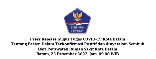 Press Release Gugus Tugas COVID-19 Kota Batam Tentang Pasien Dalam Terkonfirmasi Positif dan dinyatakan Sembuh Dari Perawatan Rumah Sakit Kota Batam Batam, 25 Desember 2022, Jam. 09.00 WIB