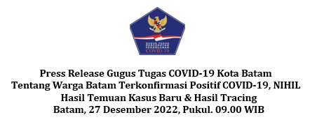 Press Release Gugus Tugas COVID-19 Kota Batam Tentang Warga Batam Terkonfirmasi Positif COVID-19, NIHIL Hasil Temuan Kasus Baru & Hasil Tracing Batam, 27 Desember 2022, Pukul. 09.00 WIB